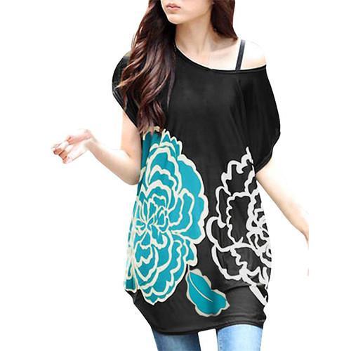 Allegra K Women Loose Fit Short Batwing Sleeve Flower Pattern Tunic Shirt -  - 1