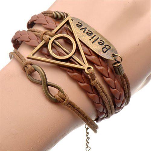 AmazingOS® Handmade Brown Leather Infinity Bracelet Deathly Hallows Charm Fashion -  - 1