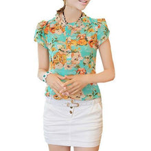 Finejo Women Short-Sleeve Slim Ladies Floral Print Chiffon Shirt -  - 1